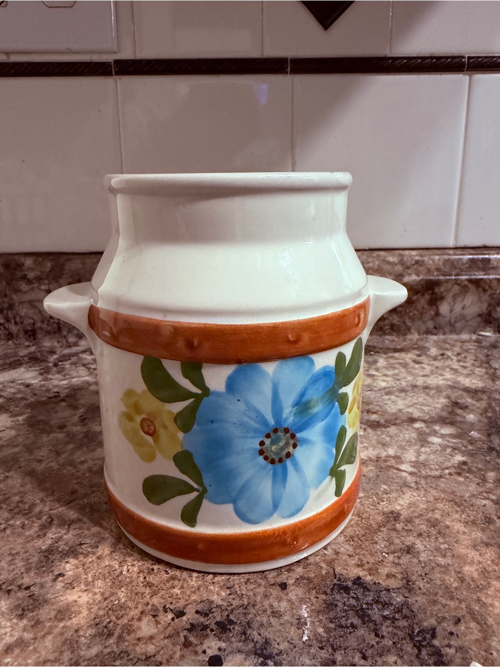 Hand-Painted Floral Ceramic Jar in Blue and Orange
